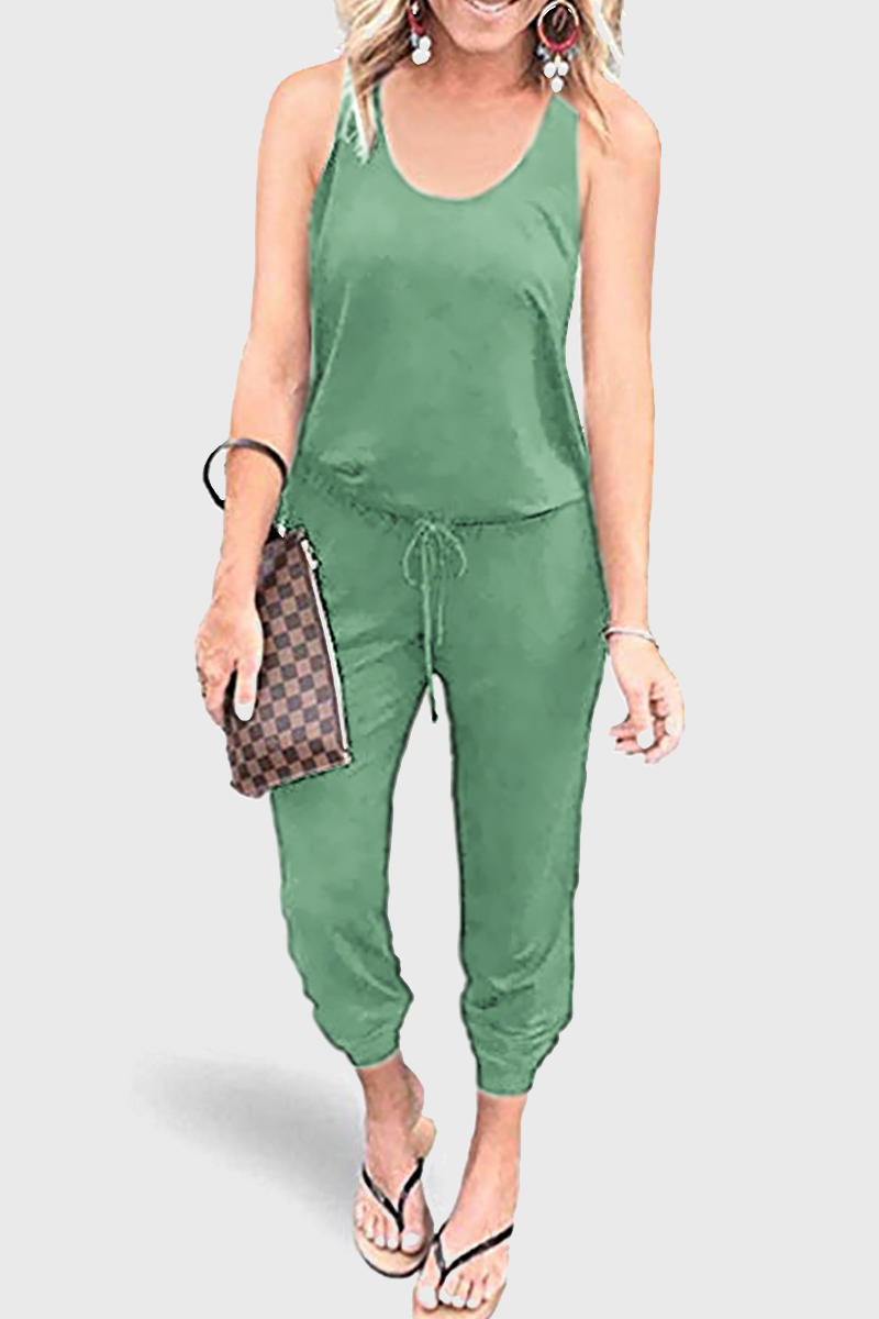 Casual Solid Patchwork Frenulum U Neck Jumpsuits Green