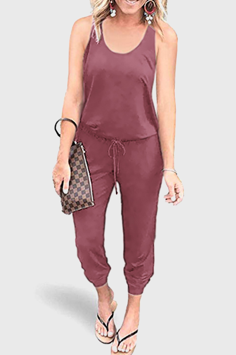 Casual Solid Patchwork Frenulum U Neck Jumpsuits Red Bean Paste