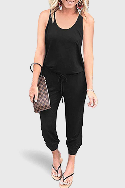 Casual Solid Patchwork Frenulum U Neck Jumpsuits Black