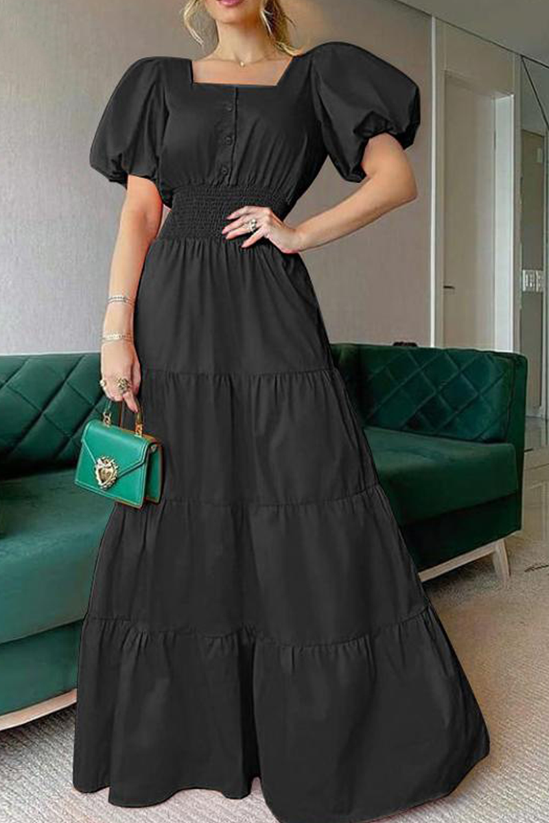 Casual Solid Patchwork Square Collar Cake Skirt Dresses(3 Colors) Black