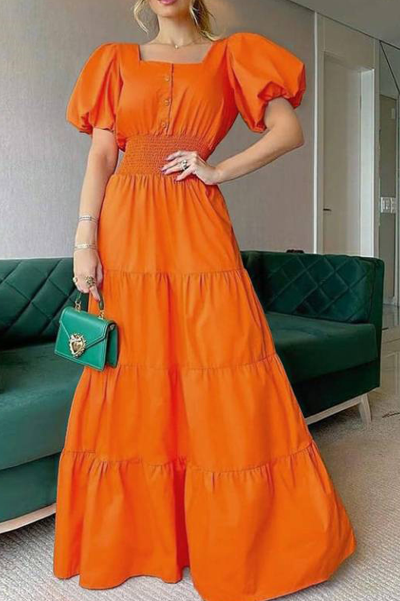 Casual Solid Patchwork Square Collar Cake Skirt Dresses(3 Colors) Tangerine Red