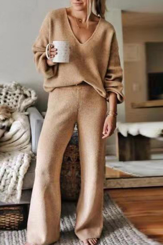 Casual Solid Patchwork V Neck Long Sleeve Two Pieces Coffee