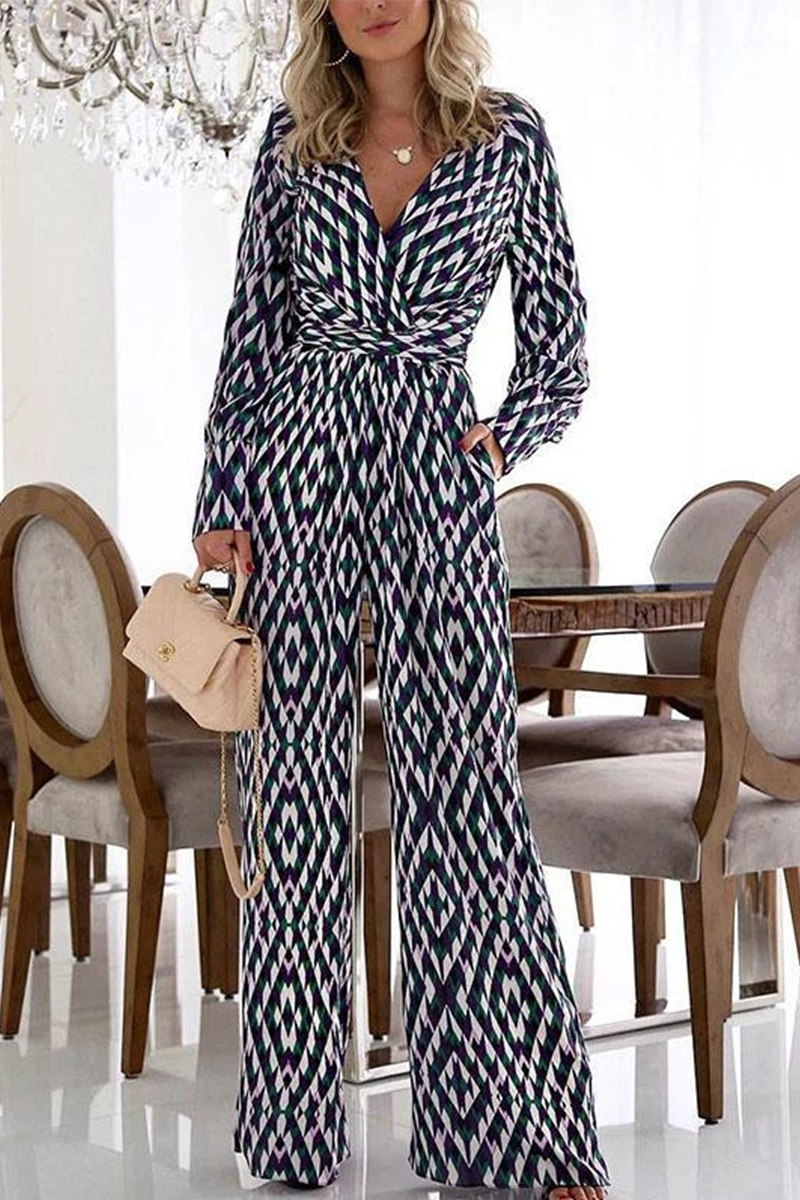 Casual Print Patchwork V Neck Boot Cut Jumpsuits Grey