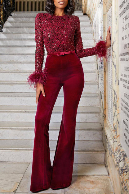 Fashion Sexy Solid Patchwork Feathers Beading O Neck Straight Jumpsuits Burgundy