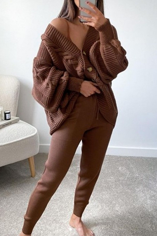 Casual Solid Patchwork V Neck Long Sleeve Two Pieces Dark Brown