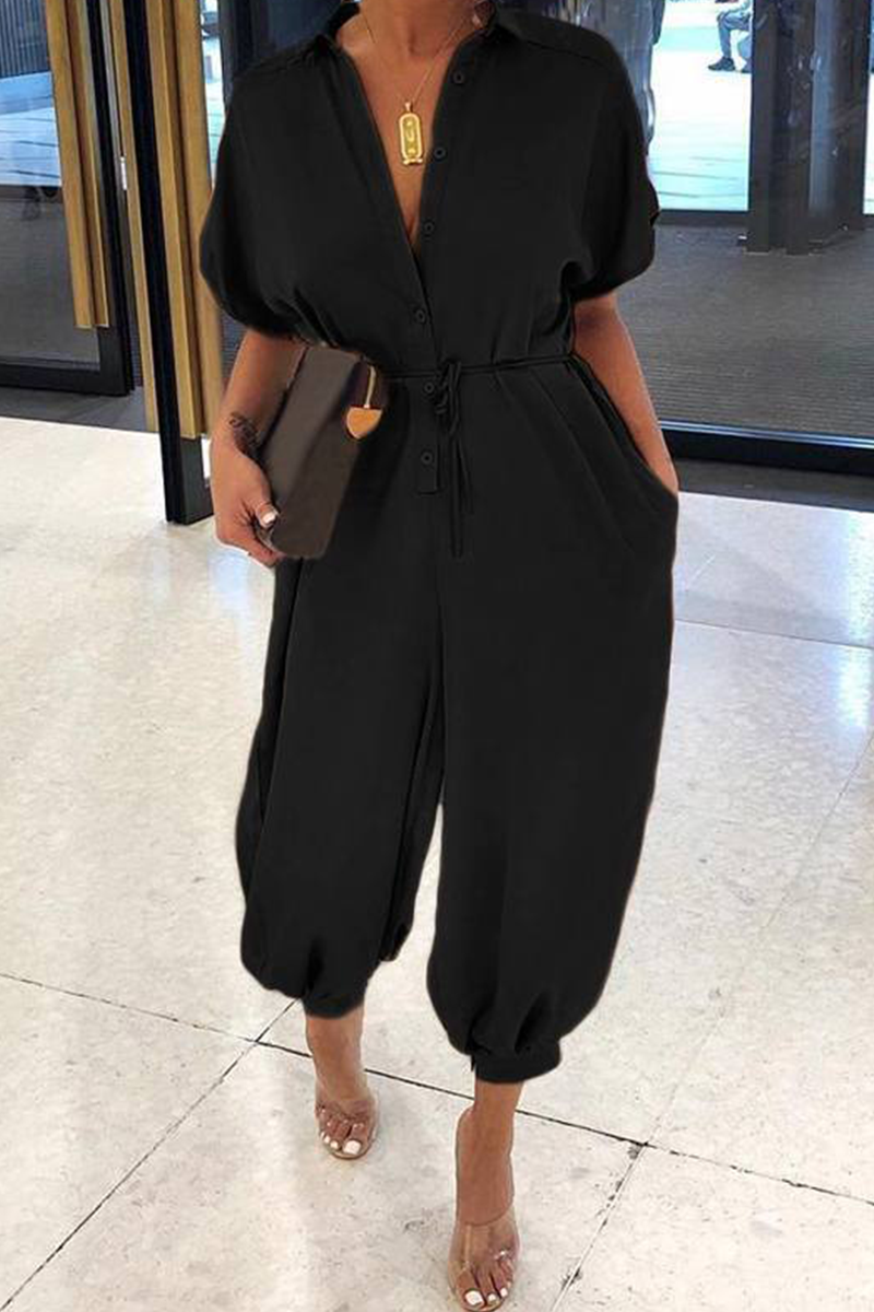 Fashion Solid Patchwork V Neck Harlan Jumpsuits Black