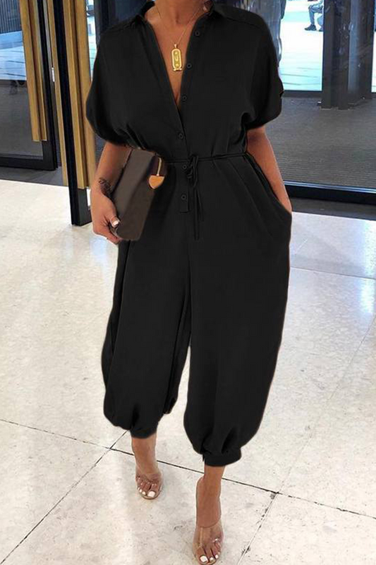 Fashion Solid Patchwork V Neck Harlan Jumpsuits Black