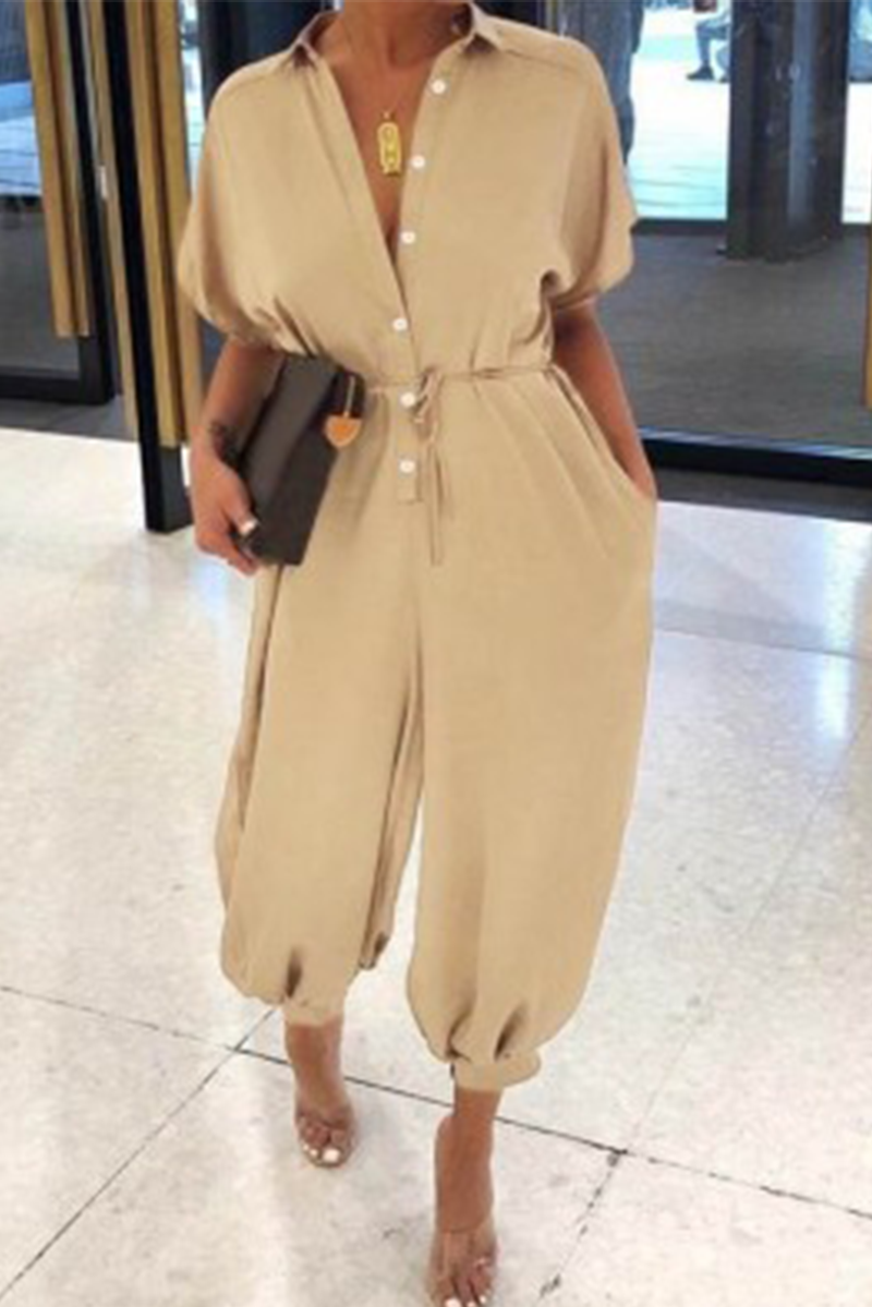 Fashion Solid Patchwork V Neck Harlan Jumpsuits Khaki