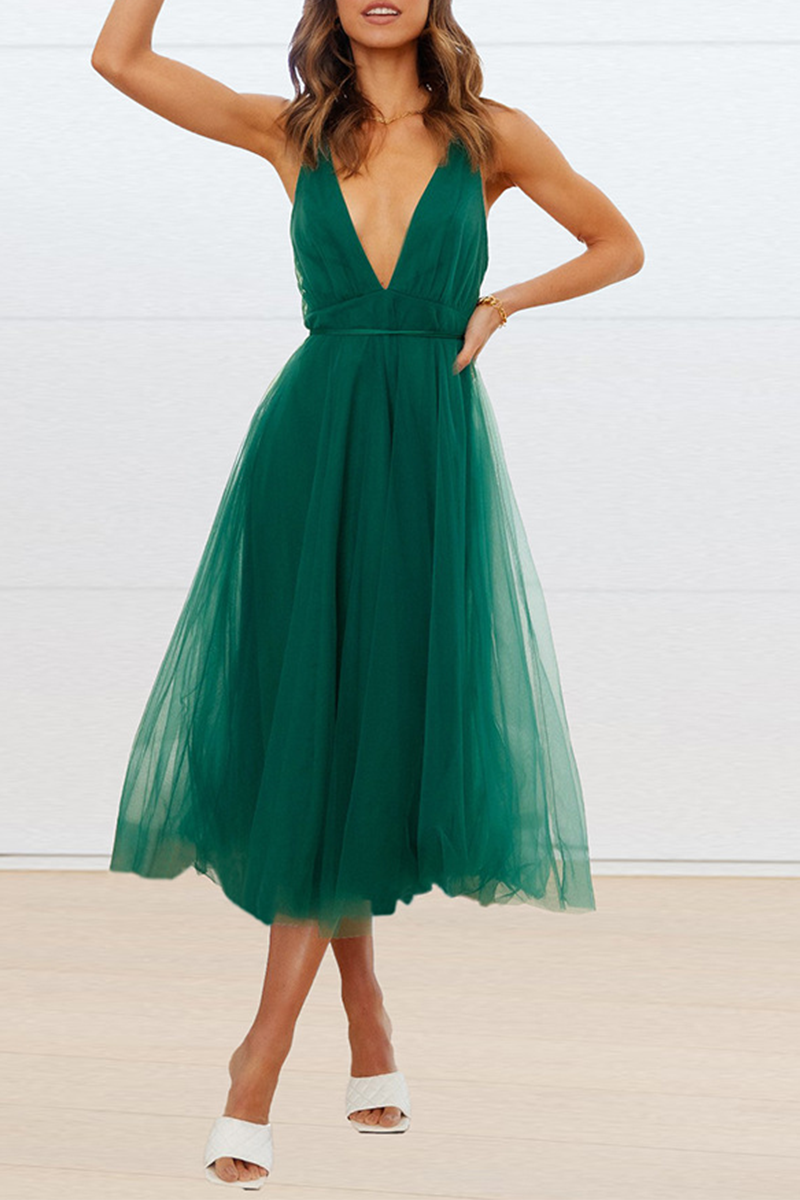 Casual Solid Mesh V Neck Cake Skirt Dresses(4 Colors) Green