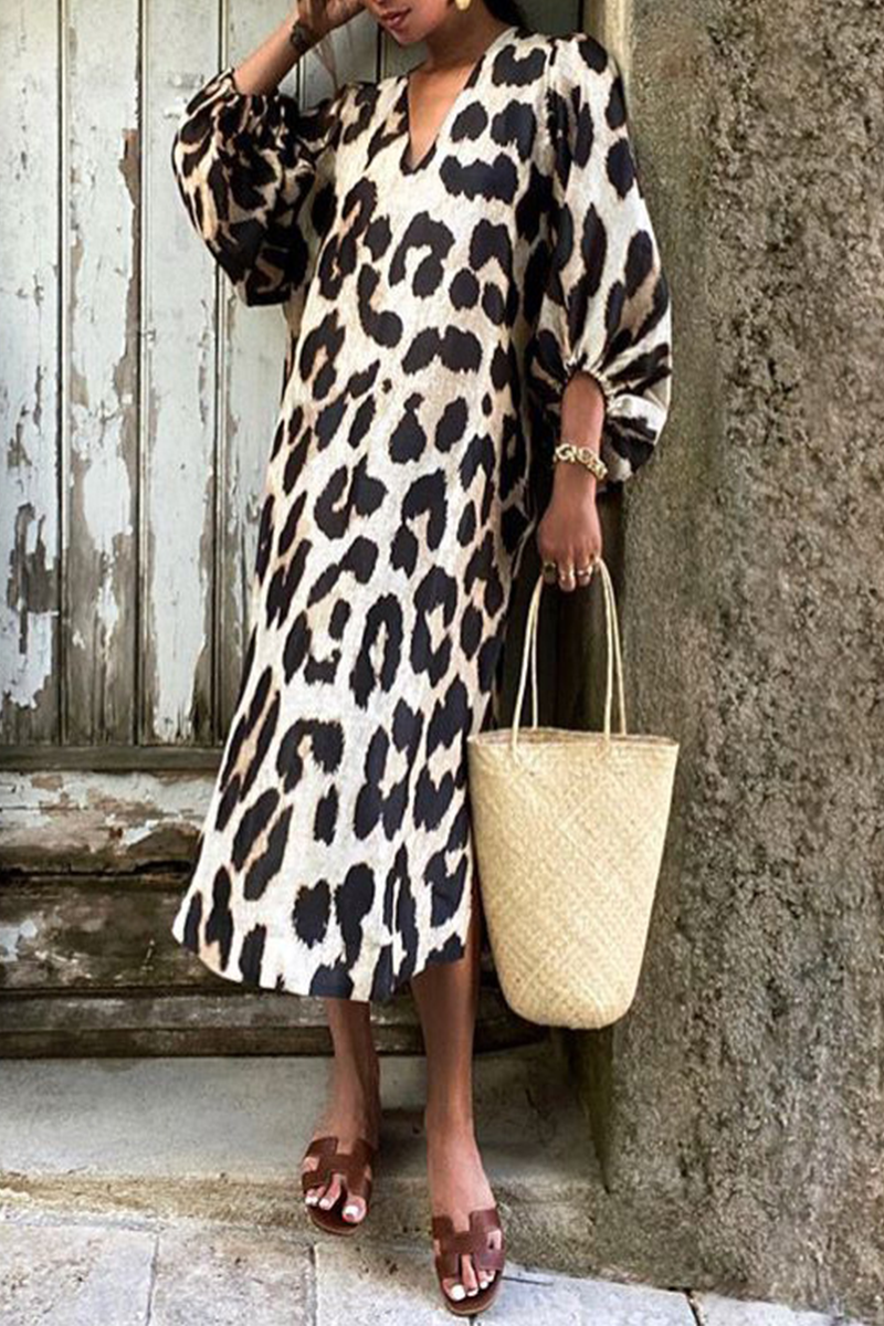 Casual Leopard Patchwork V Neck Straight Dresses Leopard Print