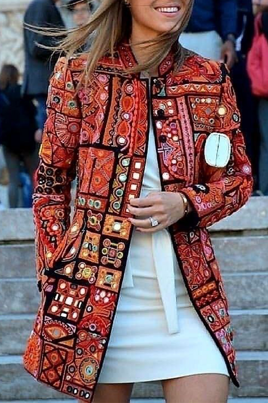 Casual Print Patchwork Cardigan Collar Outerwear Red