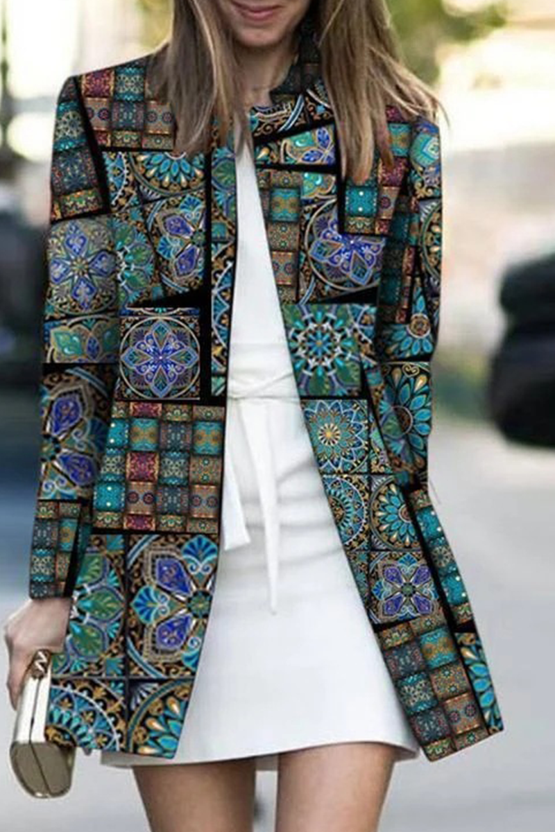 Casual Print Patchwork Cardigan Collar Outerwear Peacock Blue