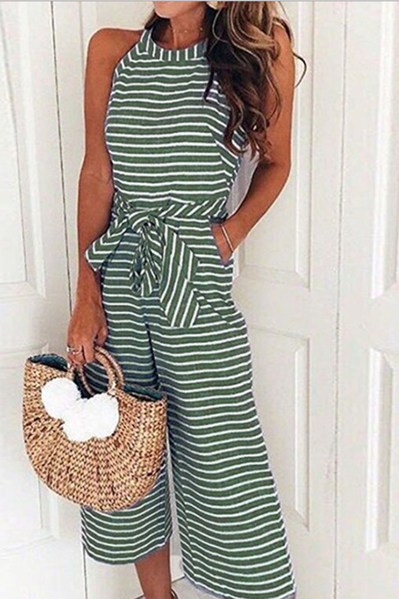 Casual Striped Patchwork O Neck Loose Jumpsuits(5 Colors) Green