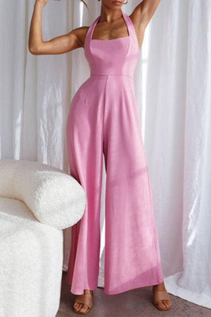 Casual Solid Patchwork Halter Loose Jumpsuits Pink