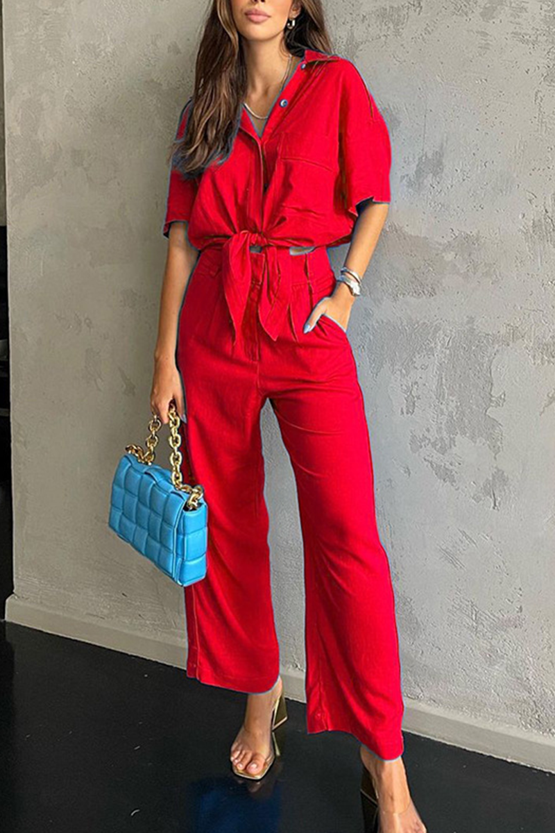 Fashion Solid Patchwork Turndown Collar Short Sleeve Two Pieces Red