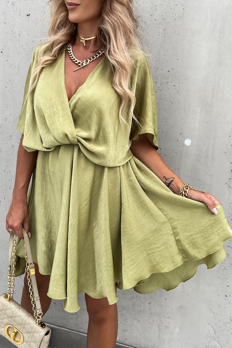 Fashion Solid V Neck Cake Skirt Dresses Olive Green