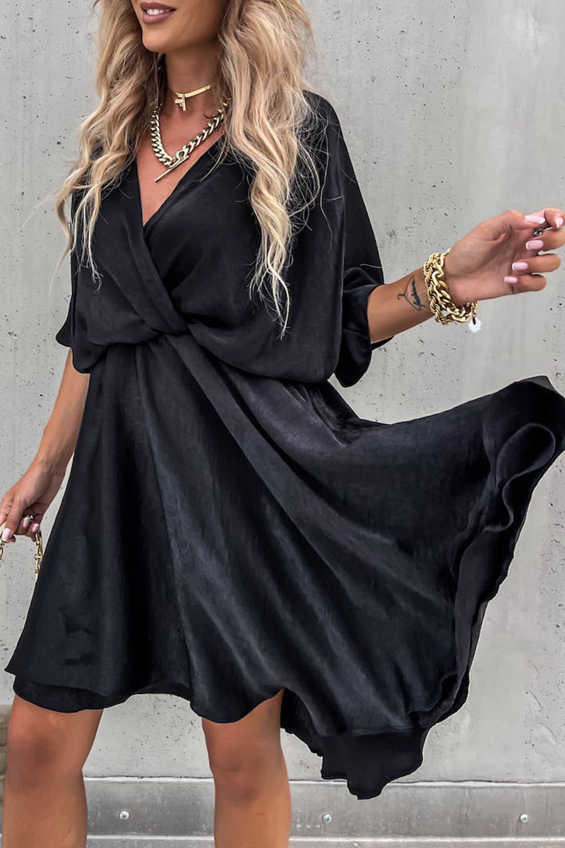 Fashion Solid V Neck Cake Skirt Dresses Black