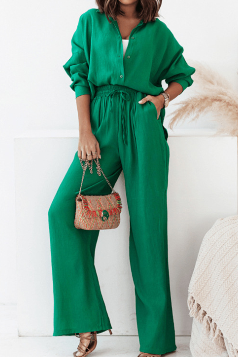 Casual Solid Patchwork Turndown Collar Long Sleeve Two Pieces(4 Colors) Green