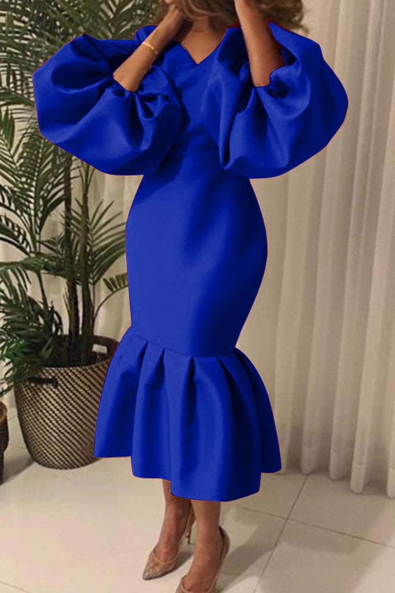 Fashion Sexy Solid Basic V Neck Evening Dress(6 Colors) Blue