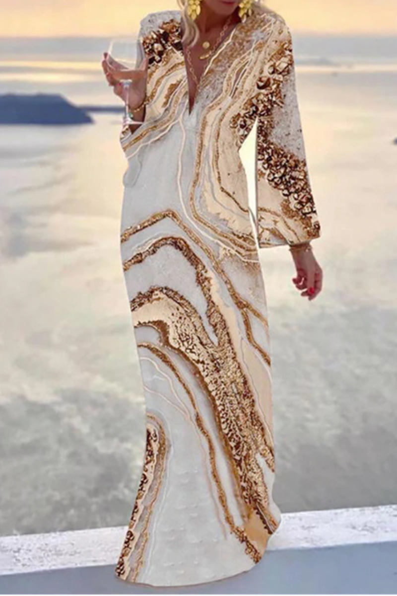 Casual Print Patchwork V Neck Trumpet Mermaid Dresses Gold