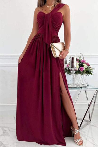 Fashion Sexy Solid Backless Slit One Shoulder Evening Dress Dresses(7 Colors) Burgundy