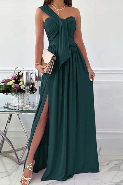 Fashion Sexy Solid Backless Slit One Shoulder Evening Dress Dresses(7 Colors) Green