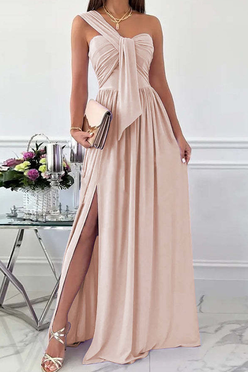 Fashion Sexy Solid Backless Slit One Shoulder Evening Dress Dresses(7 Colors) Pink