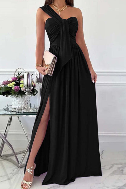 Fashion Sexy Solid Backless Slit One Shoulder Evening Dress Dresses(7 Colors) Black