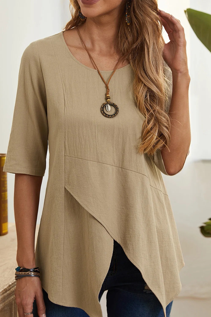 Casual Solid Slit O Neck T-Shirts Khaki