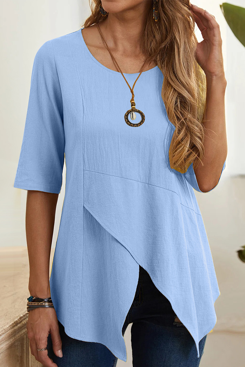 Casual Solid Slit O Neck T-Shirts Sky Blue