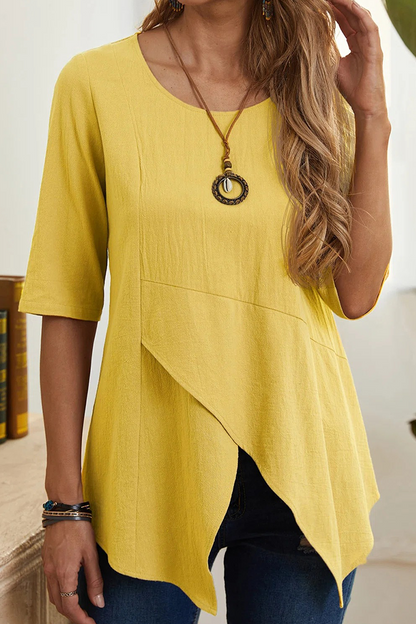 Casual Solid Slit O Neck T-Shirts Yellow