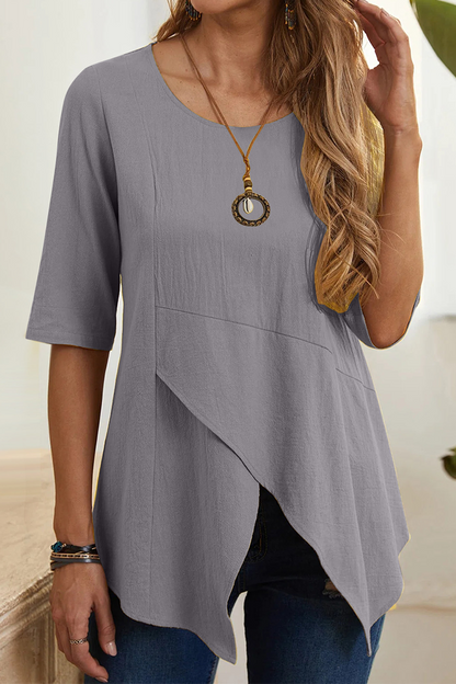 Casual Solid Slit O Neck T-Shirts Grey