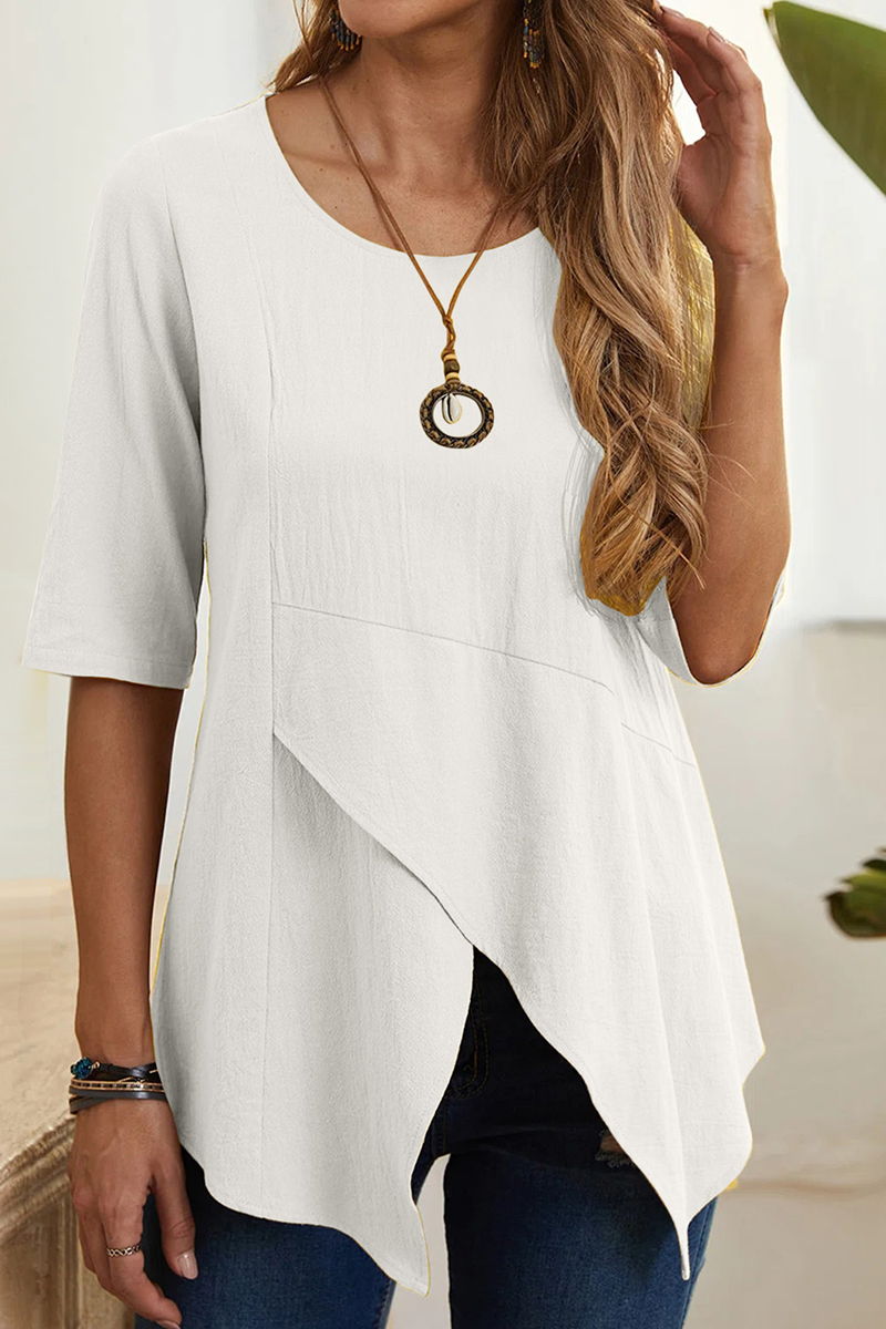 Casual Solid Slit O Neck T-Shirts White