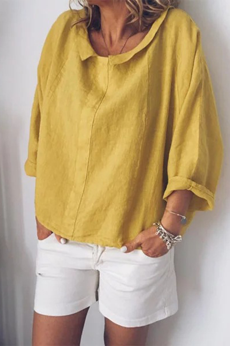 Fashion Solid Patchwork O Neck Tops(5 Colors) Yellow