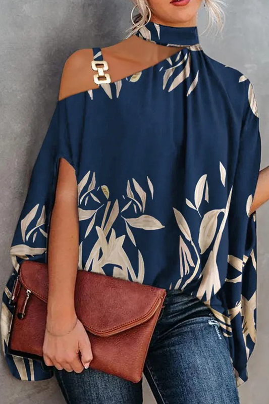 Fashion Print Patchwork One Shoulder Blouses(5 Colors) Tibetan Blue