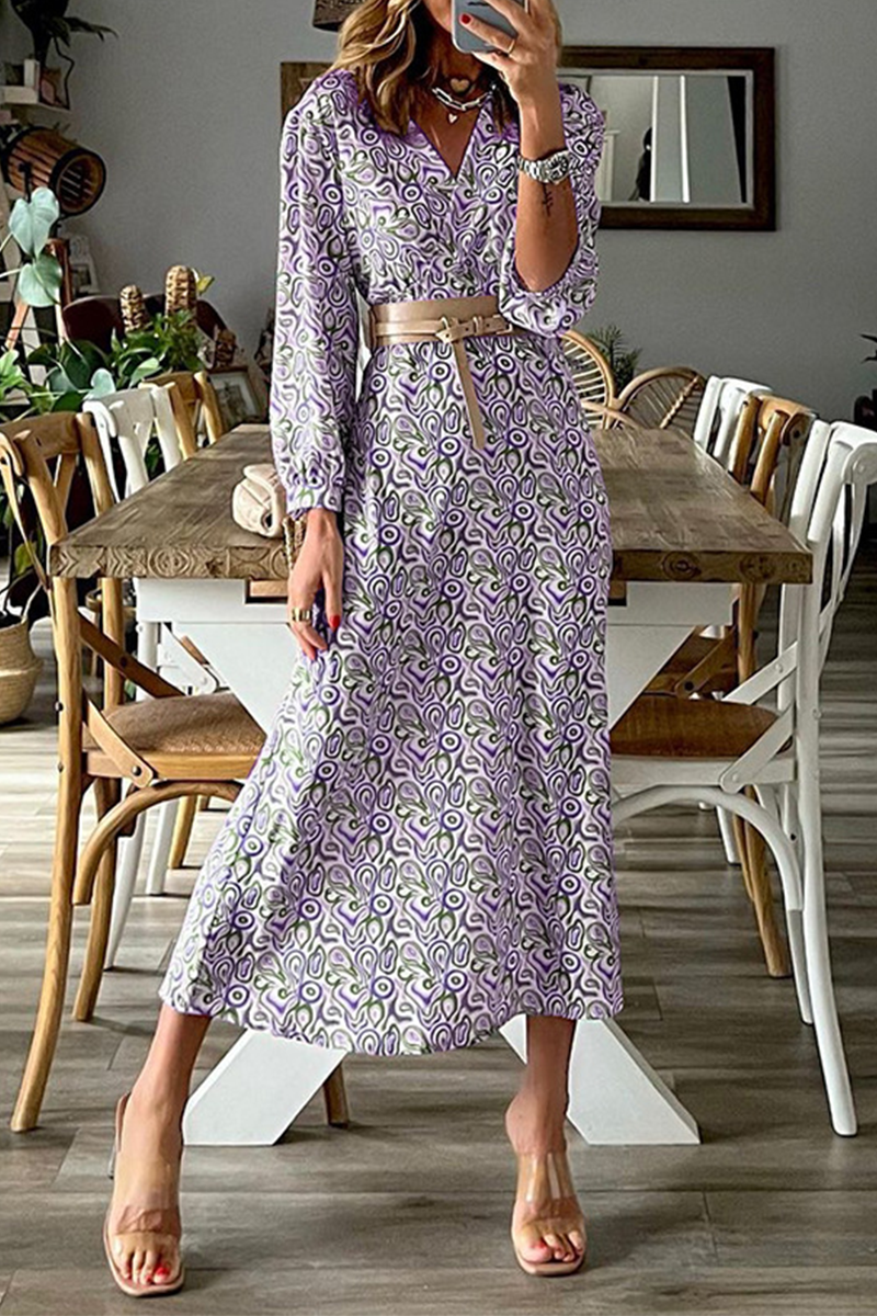 Fashion Print Patchwork V Neck Waist Skirt Dresses Purple