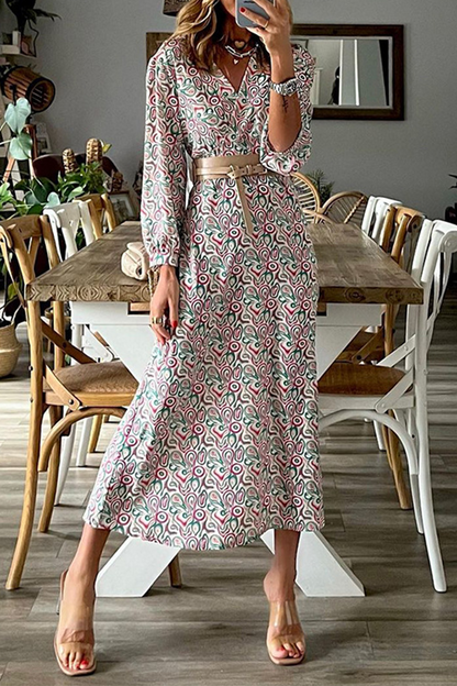 Fashion Print Patchwork V Neck Waist Skirt Dresses Apricot