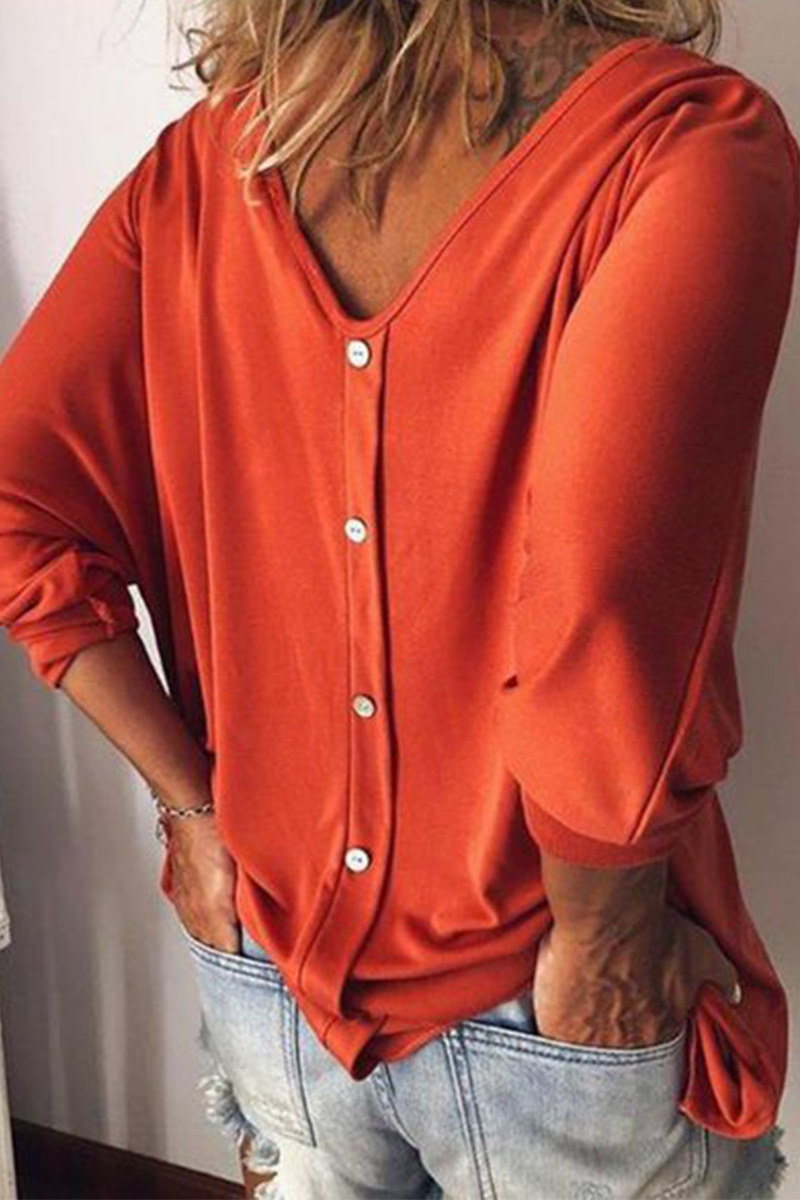 Casual Solid Buckle V Neck T-Shirts(5 Colors) Tangerine Red