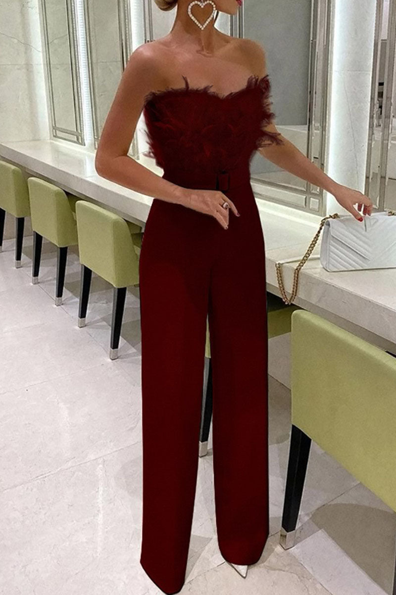 Sexy Solid Patchwork Feathers With Belt Strapless Straight Jumpsuits(Contain The Belt)(5 Colors) Burgundy