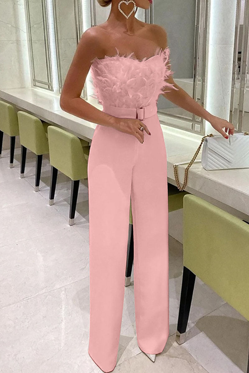 Sexy Solid Patchwork Feathers With Belt Strapless Straight Jumpsuits(Contain The Belt)(5 Colors) Pink