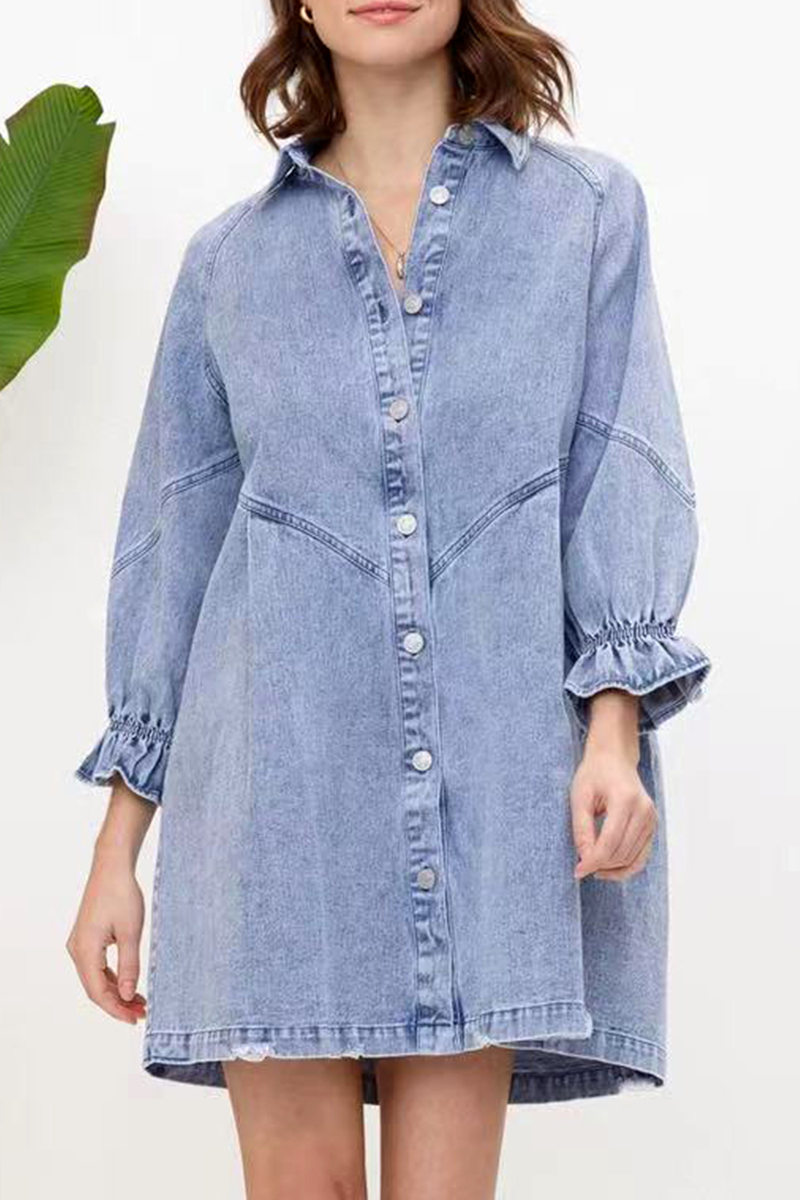 Casual Solid Patchwork Turndown Collar Shirt Dress Dresses Light Blue