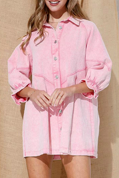 Casual Solid Patchwork Turndown Collar Shirt Dress Dresses Pink