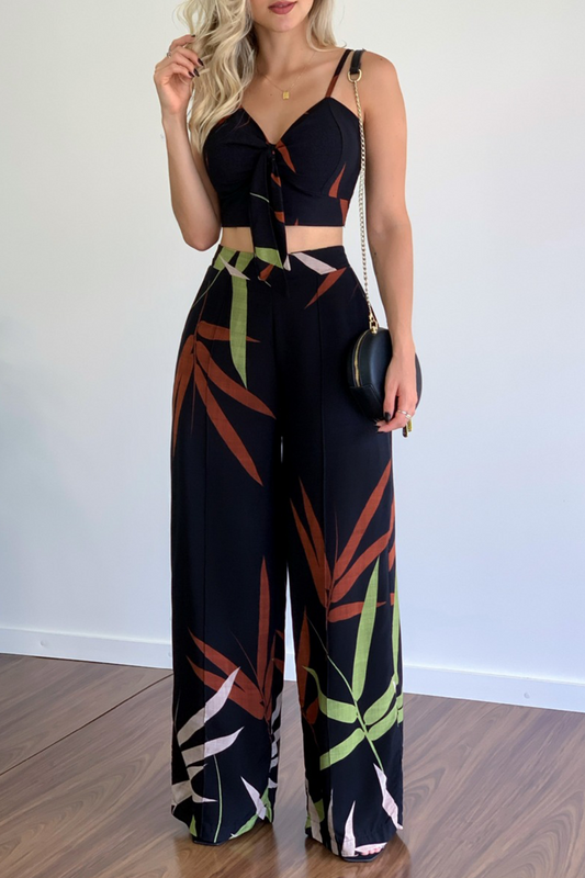 Fashion Print Patchwork Spaghetti Strap Straight Jumpsuits Black