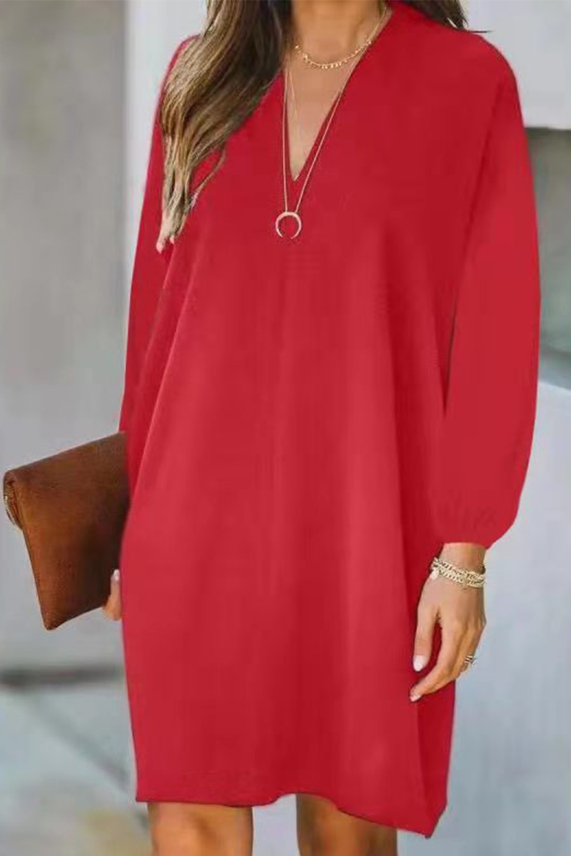 Casual Solid Patchwork V Neck Straight Dresses(3 Colors) Red