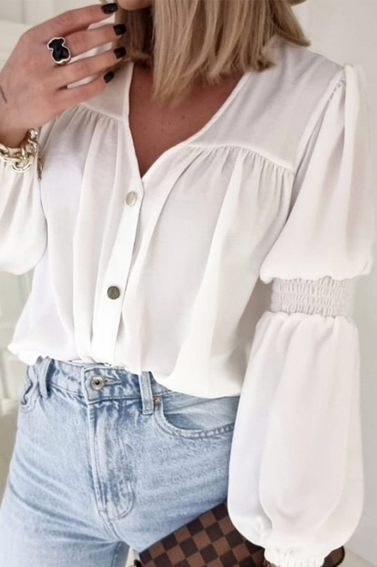 Casual Solid Patchwork V Neck Tops White