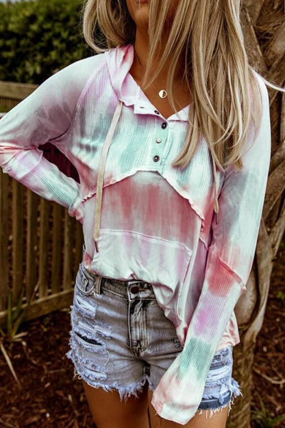 Casual Patchwork Tie-dye Hooded Collar Tops Pink