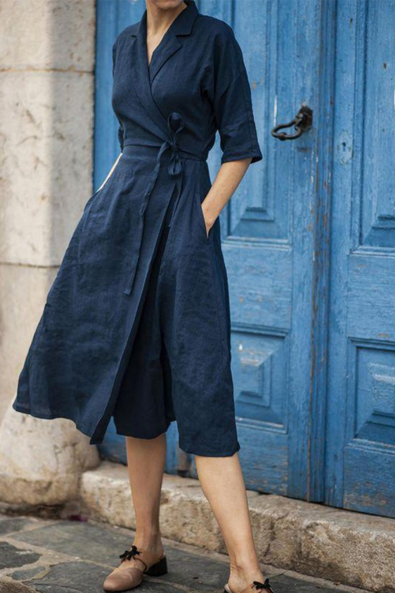 Casual Solid Patchwork Turndown Collar Waist Skirt Dresses Tibetan Blue