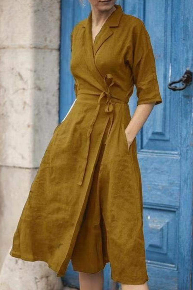 Casual Solid Patchwork Turndown Collar Waist Skirt Dresses Yellow