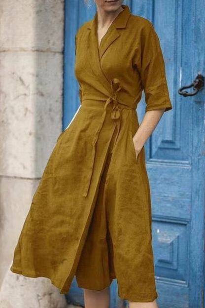 Casual Solid Patchwork Turndown Collar Waist Skirt Dresses Yellow