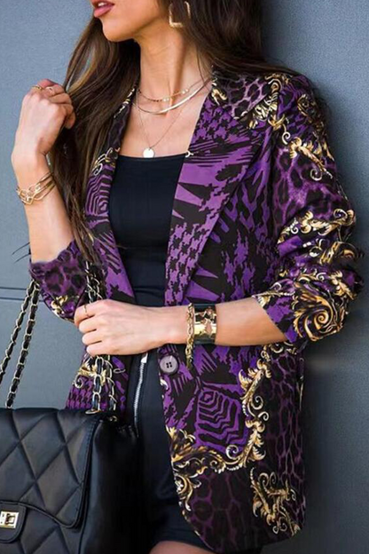 Casual Print Patchwork Turndown Collar Outerwear(4 Colors) Purple